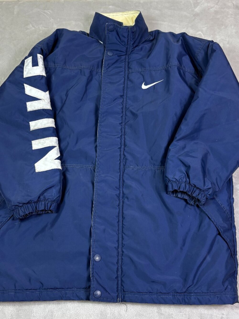 Y2K Vintage Nike Men's Large Blue Puffer Parka Jacket Spellout Logo